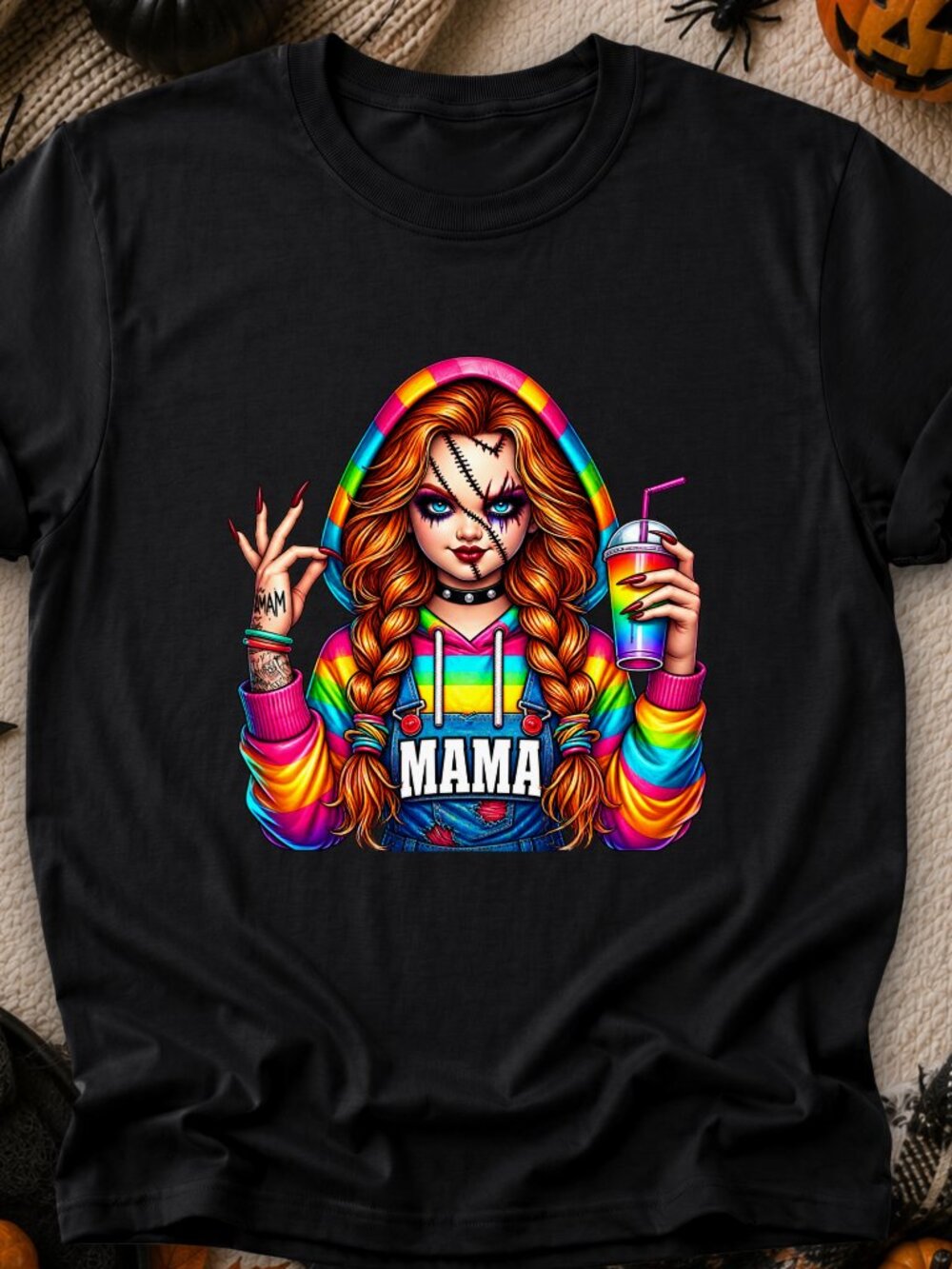 Chucky Bride Mama TShirt Graphic Tee Fall Halloween Rainbow Color Horror Movie